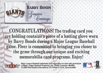 2000 Fleer Impact - Genuine Coverage Batting Gloves #NNO Barry Bonds  Back