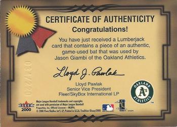 2000 Fleer Tradition Glossy - Lumberjacks #NNO Jason Giambi Back