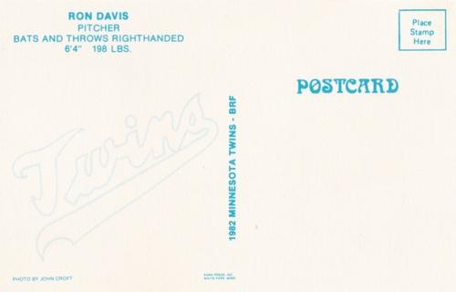 1982 Minnesota Twins Postcards #NNO Ron Davis Back