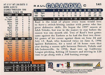 1998 Score #141 Raul Casanova Back