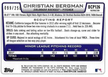 2012 Bowman Chrome - Prospects Blue Refractor #BCP126 Christian Bergman Back
