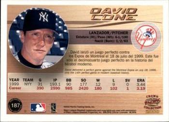 2000 Pacific Crown Collection - Holographic Purple #187 David Cone  Back