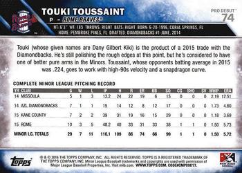 2016 Topps Pro Debut #74 Touki Toussaint Back