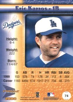 2000 Pacific Prism - Holographic Mirror #74 Eric Karros  Back