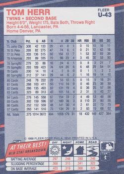 1988 Fleer Update #U-43 Tom Herr Back