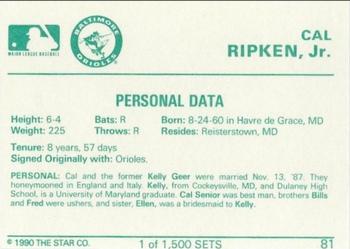 1990 Star Gold #81 Cal Ripken Jr. Back