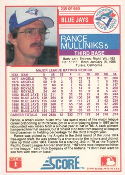1988 Score #235 Rance Mulliniks Back