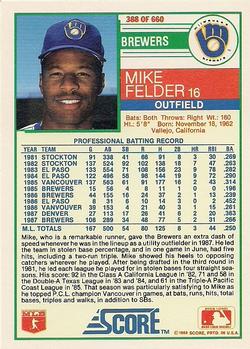 1988 Score #388 Mike Felder Back