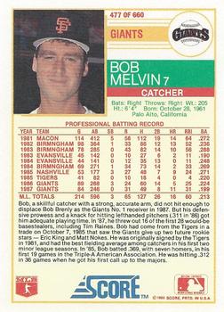 1988 Score #477 Bob Melvin Back