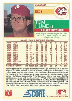 1988 Score #494 Tom Hume Back