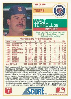 1988 Score #538 Walt Terrell Back