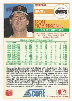 1988 Score #619 Don Robinson Back