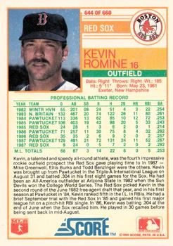 1988 Score #644 Kevin Romine Back