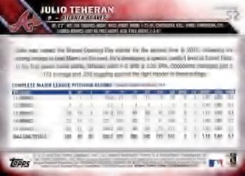 2016 Topps - Purple #52 Julio Teheran Back