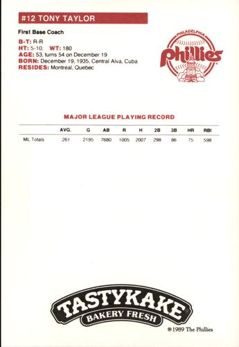 1989 Tastykake Philadelphia Phillies #NNO Tony Taylor Back
