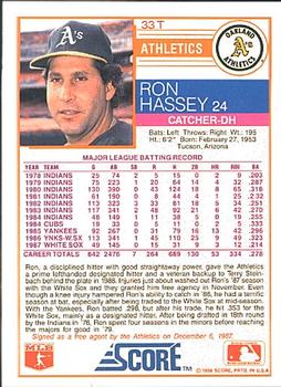 1988 Score Rookie & Traded #33T Ron Hassey Back