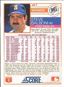 1988 Score Rookie & Traded #46T Steve Balboni Back