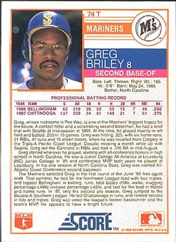 1988 Score Rookie & Traded #74T Greg Briley Back