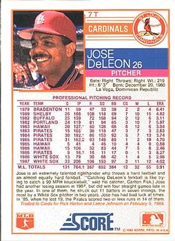 1988 Score Rookie & Traded #7T Jose DeLeon Back