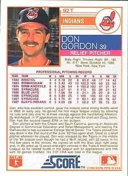 1988 Score Rookie & Traded #92T Don Gordon Back