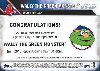 2016 Topps Opening Day - Mascot Autographs #MA-WM Wally the Green Monster Back