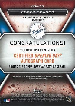 2016 Topps Opening Day - Opening Day Autographs #ODA-CS Corey Seager Back