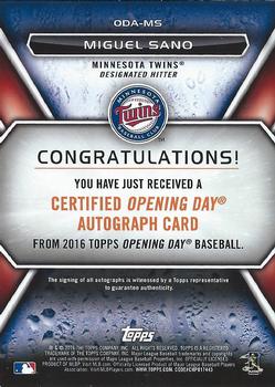 2016 Topps Opening Day - Opening Day Autographs #ODA-MS Miguel Sano Back