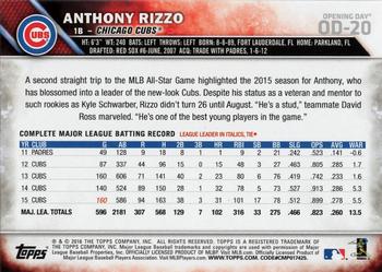 2016 Topps Opening Day - Blue Foil #OD-20 Anthony Rizzo Back