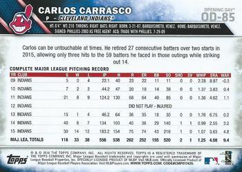 2016 Topps Opening Day - Blue Foil #OD-85 Carlos Carrasco Back