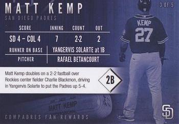 2015 Compadres Fan Rewards San Diego Padres First Cycle #3 Matt Kemp Back