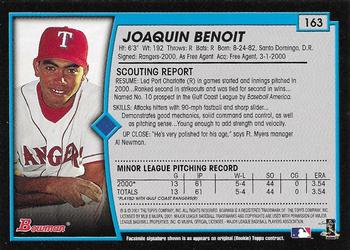 2001 Bowman - Gold #163 Joaquin Benoit Back