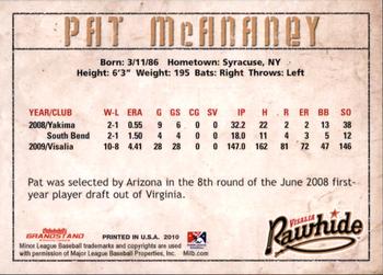 2010 Grandstand Visalia Rawhide #NNO Pat McAnaney Back