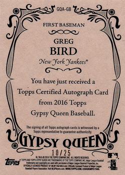 2016 Topps Gypsy Queen - Autographs Orange #GQA-GB Greg Bird Back