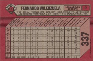 1989 Bowman #337 Fernando Valenzuela Back