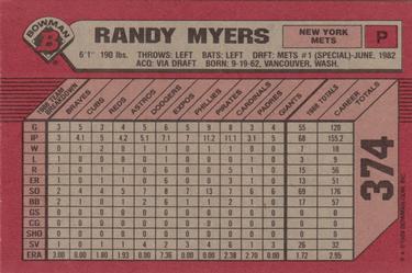 1989 Bowman #374 Randy Myers Back