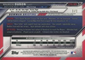 2016 Bowman - Chrome Prospect Autographs Superfractor #CPA-MD Mauricio Dubon Back