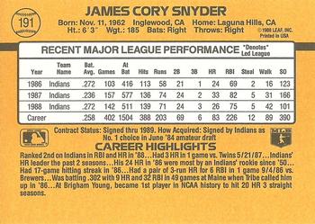 1989 Donruss #191 Cory Snyder Back