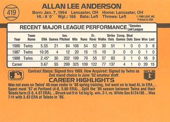 1989 Donruss #419 Allan Anderson Back