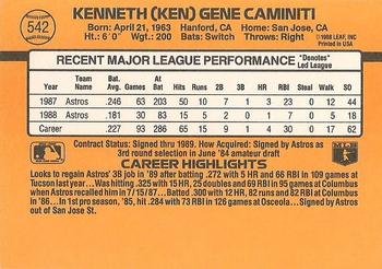 1989 Donruss #542 Ken Caminiti Back
