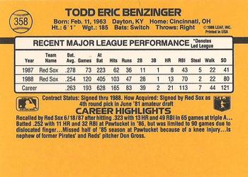 1989 Donruss #358 Todd Benzinger Back