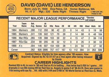 1989 Donruss #450 Dave Henderson Back