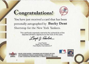 2001 Fleer Greats of the Game - Autographs #NNO Bucky Dent Back