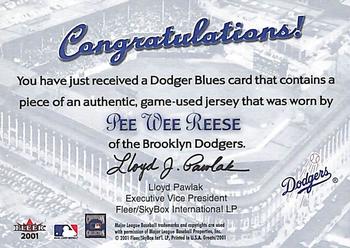 2001 Fleer Greats of the Game - Dodger Blues #NNO Pee Wee Reese Back