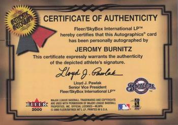 2001 Fleer Premium - Autographics #NNO Jeromy Burnitz Back