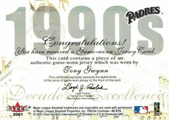 2001 Fleer Premium - Decades of Excellence Memorabilia #NNO Tony Gwynn Back