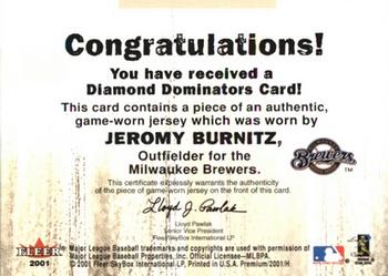 2001 Fleer Premium - Diamond Dominators Game Jersey #NNO Jeromy Burnitz  Back