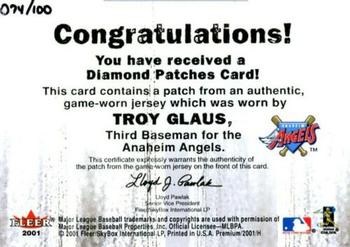 2001 Fleer Premium - Diamond Patches #NNO Troy Glaus  Back