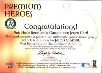 2001 Fleer Premium - Heroes Game Jersey #NNO Jason Giambi  Back