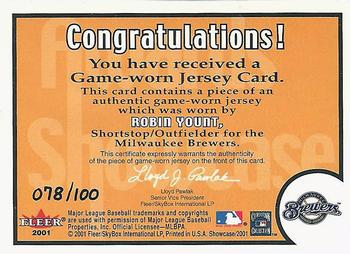 2001 Fleer Showcase - Awards Showcase Memorabilia #NNO Robin Yount Back