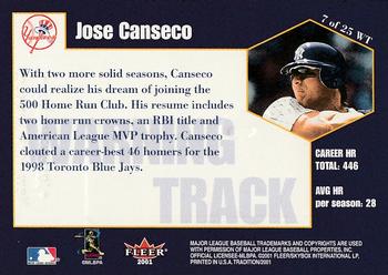 2001 Fleer Tradition - Warning Track #7 WT Jose Canseco  Back